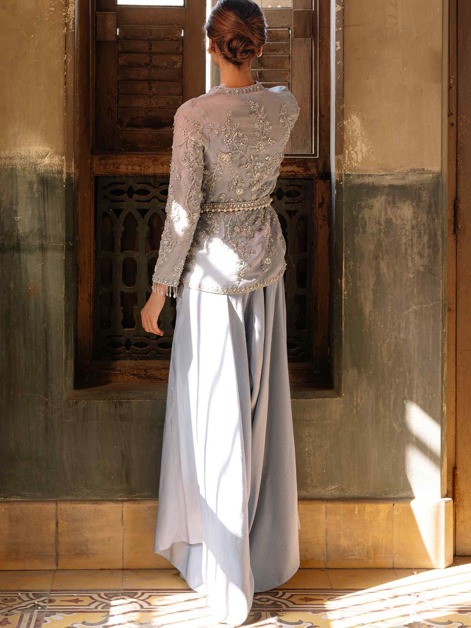 Misty Blue Zardozi Organza Silk Jacket Set (3-Piece) - Image 4