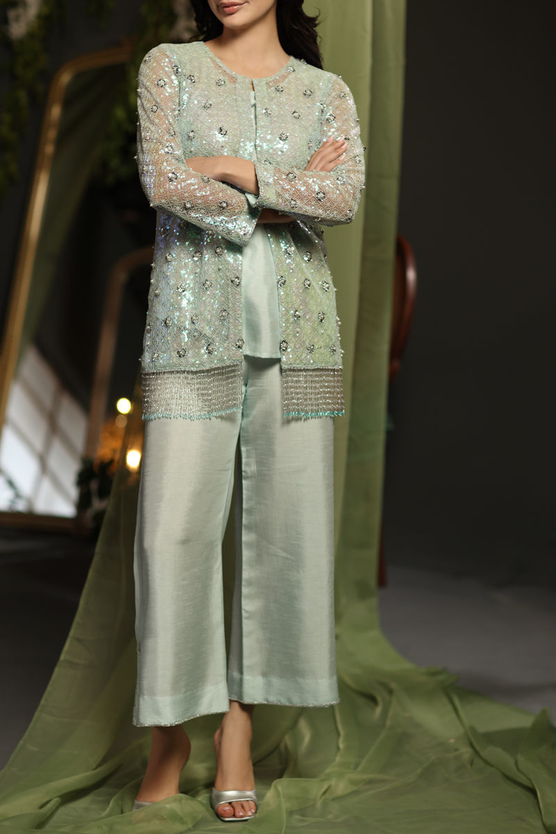 Sky Blue Hand-Embellished Net & Silk Jacket (3-Piece) - Image 1