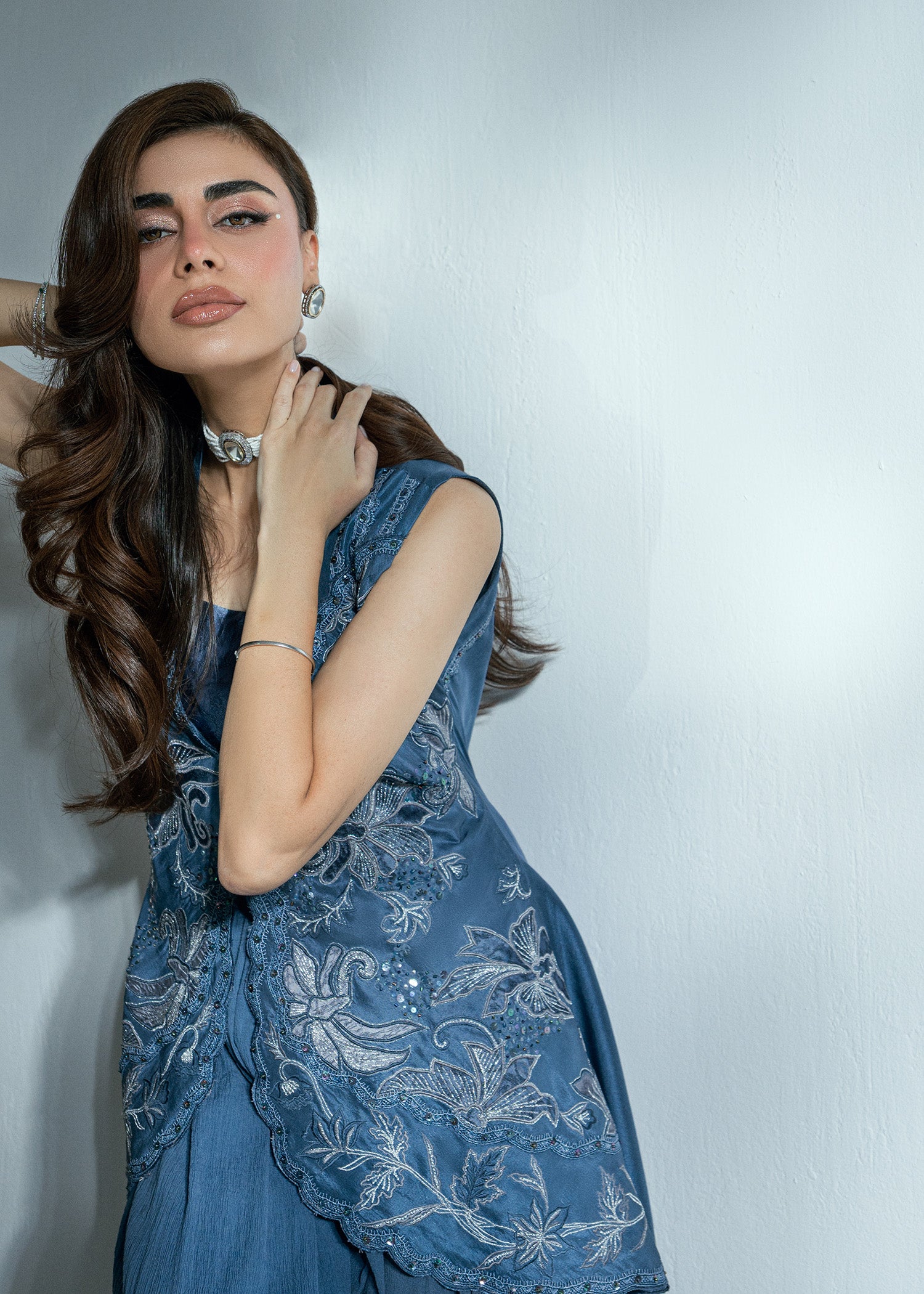 Pakistani Grey Blue Embroidered Raw Silk Jacket Set (3-Piece) - Image 10