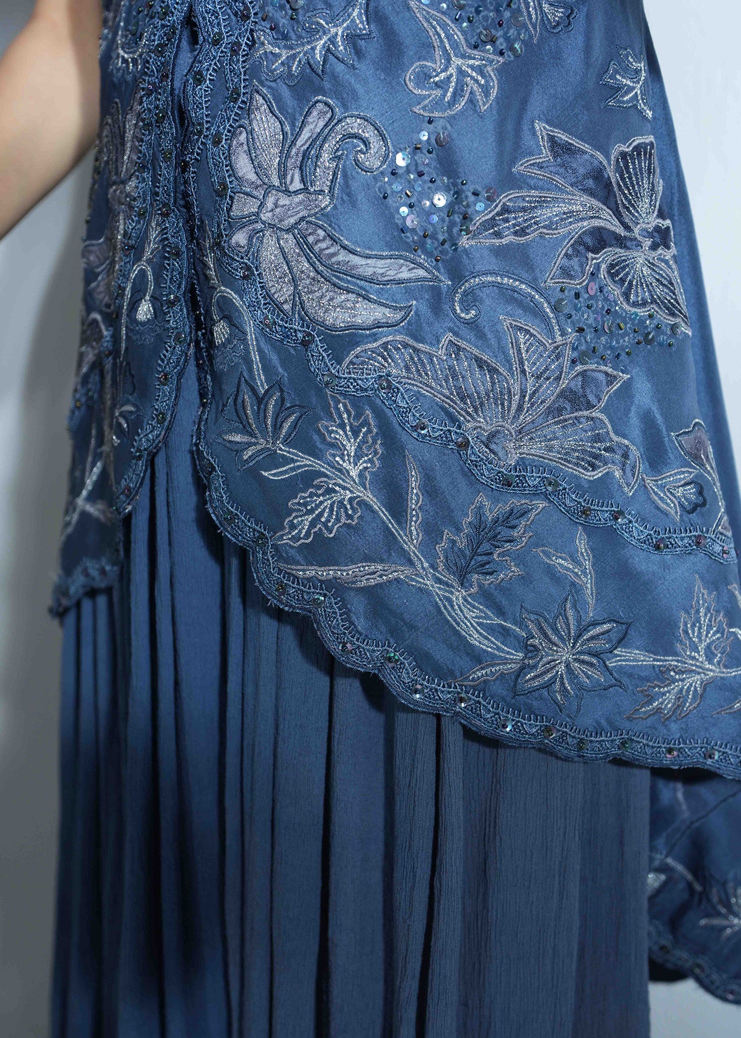 Pakistani Grey Blue Embroidered Raw Silk Jacket Set (3-Piece) - Image 11