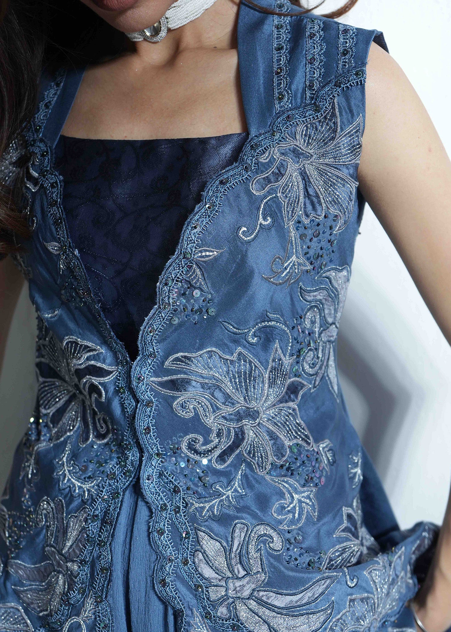 Pakistani Grey Blue Embroidered Raw Silk Jacket Set (3-Piece) - Image 12