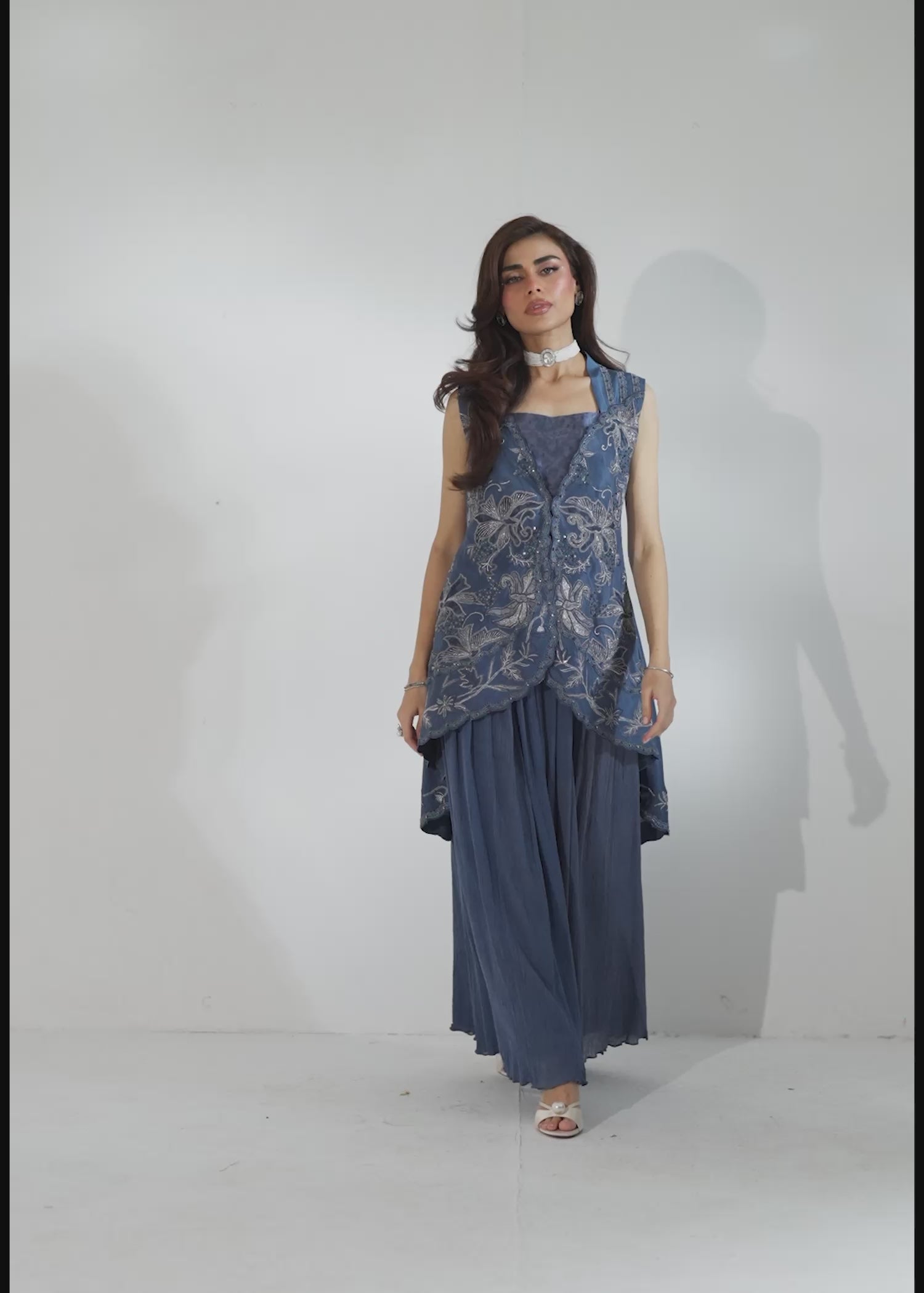 Pakistani Grey Blue Embroidered Raw Silk Jacket Set (3-Piece) - Image 13
