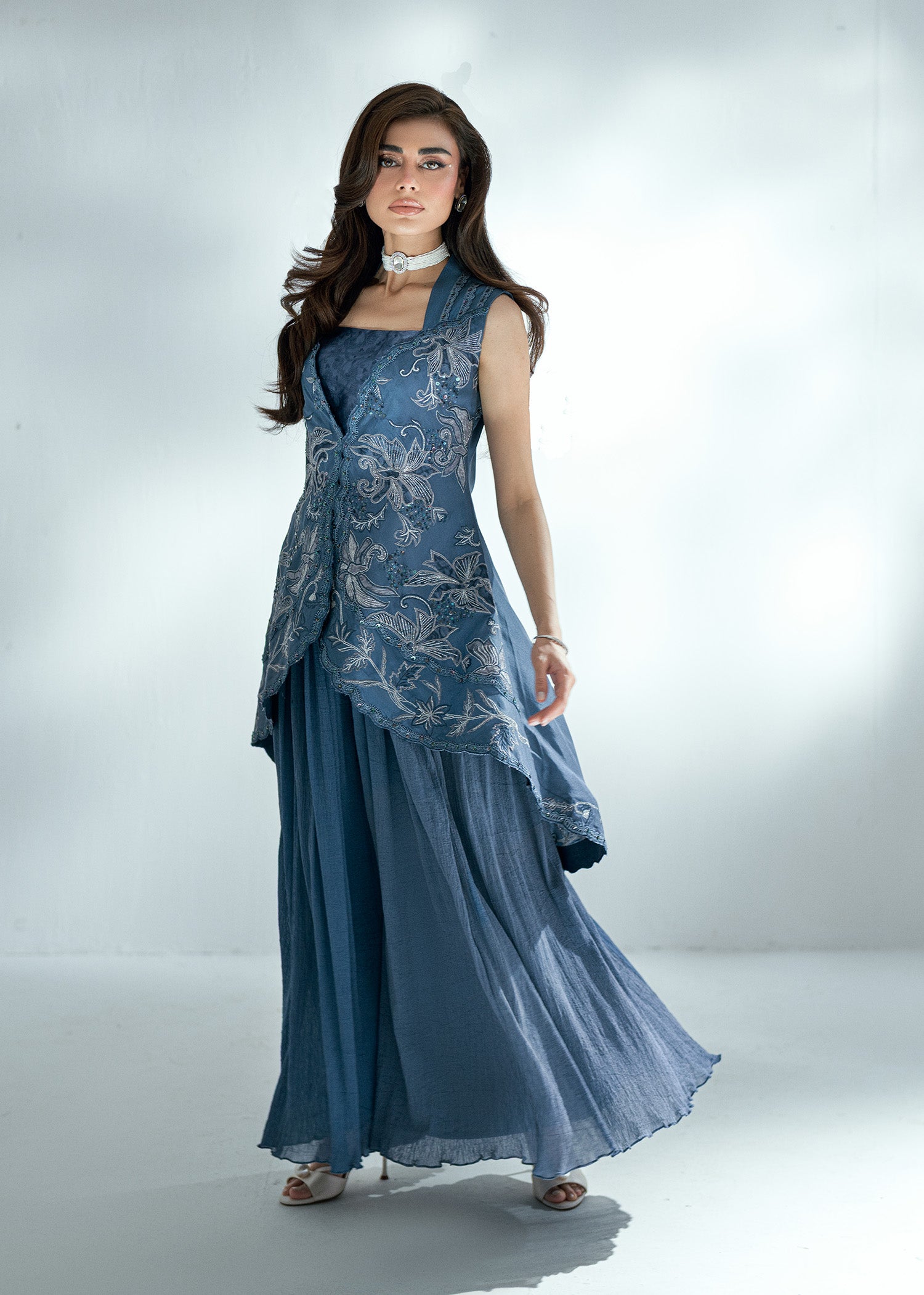 Pakistani Grey Blue Embroidered Raw Silk Jacket Set (3-Piece) - Image 4