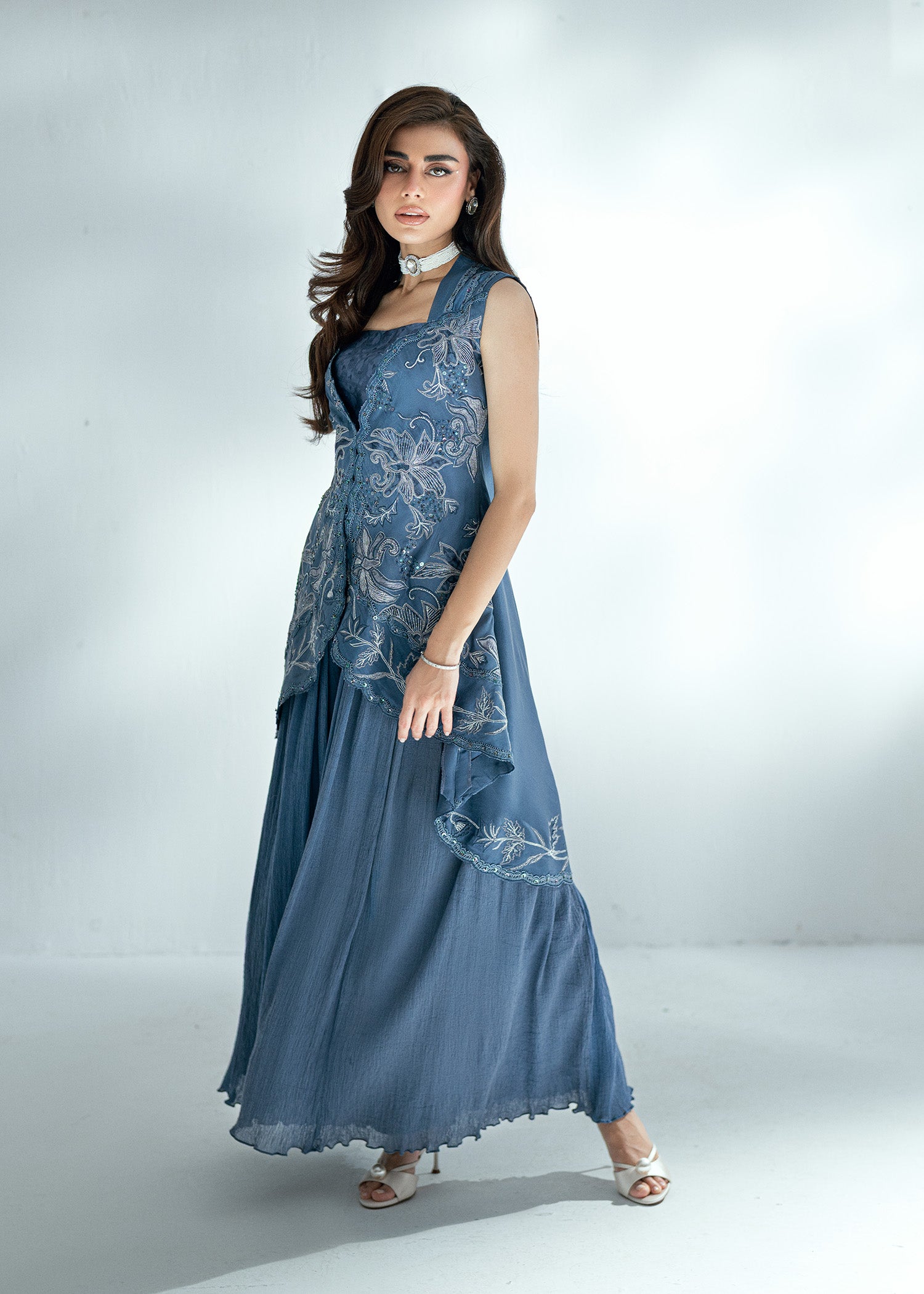 Pakistani Grey Blue Embroidered Raw Silk Jacket Set (3-Piece) - Image 5