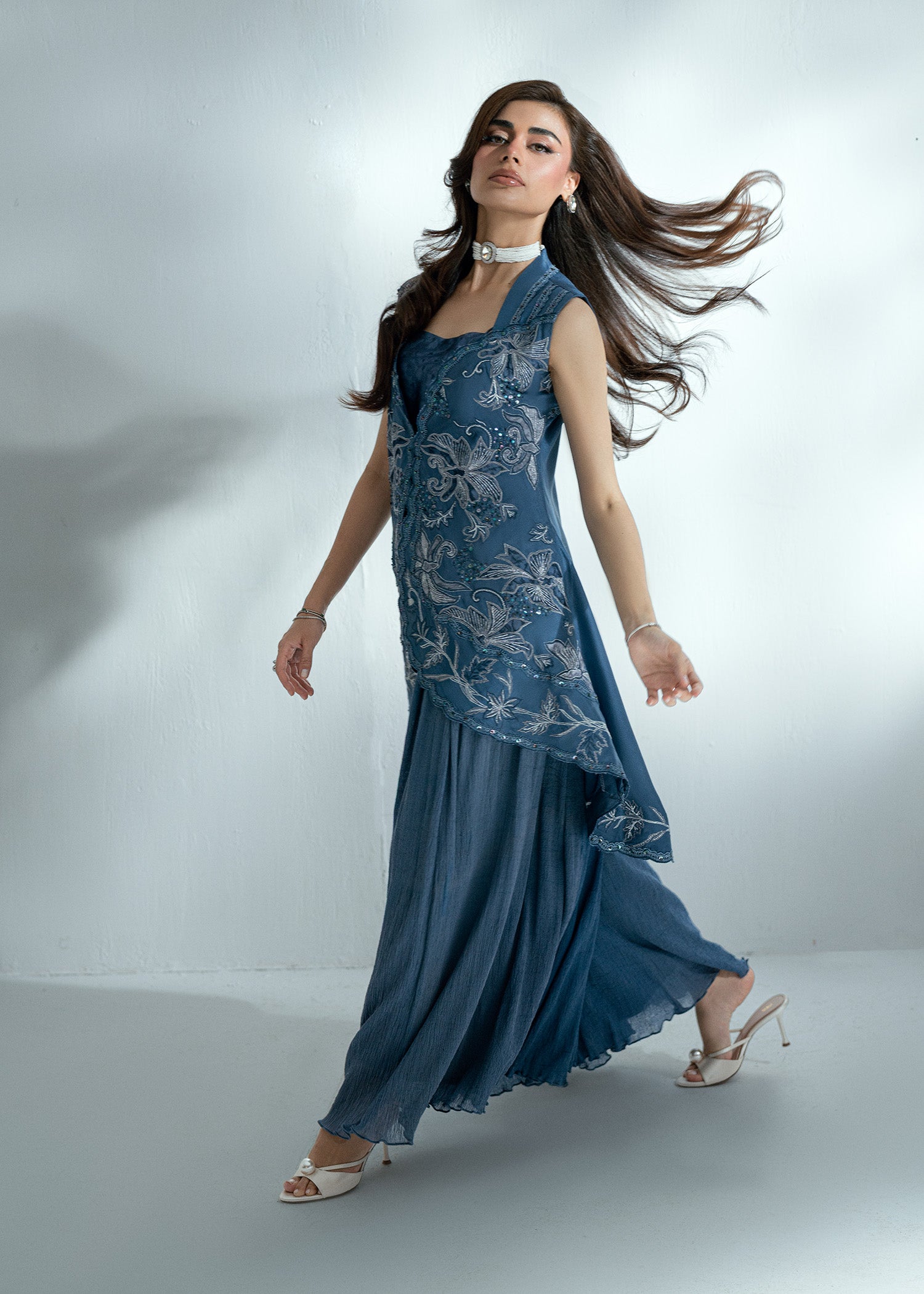 Pakistani Grey Blue Embroidered Raw Silk Jacket Set (3-Piece) - Image 6