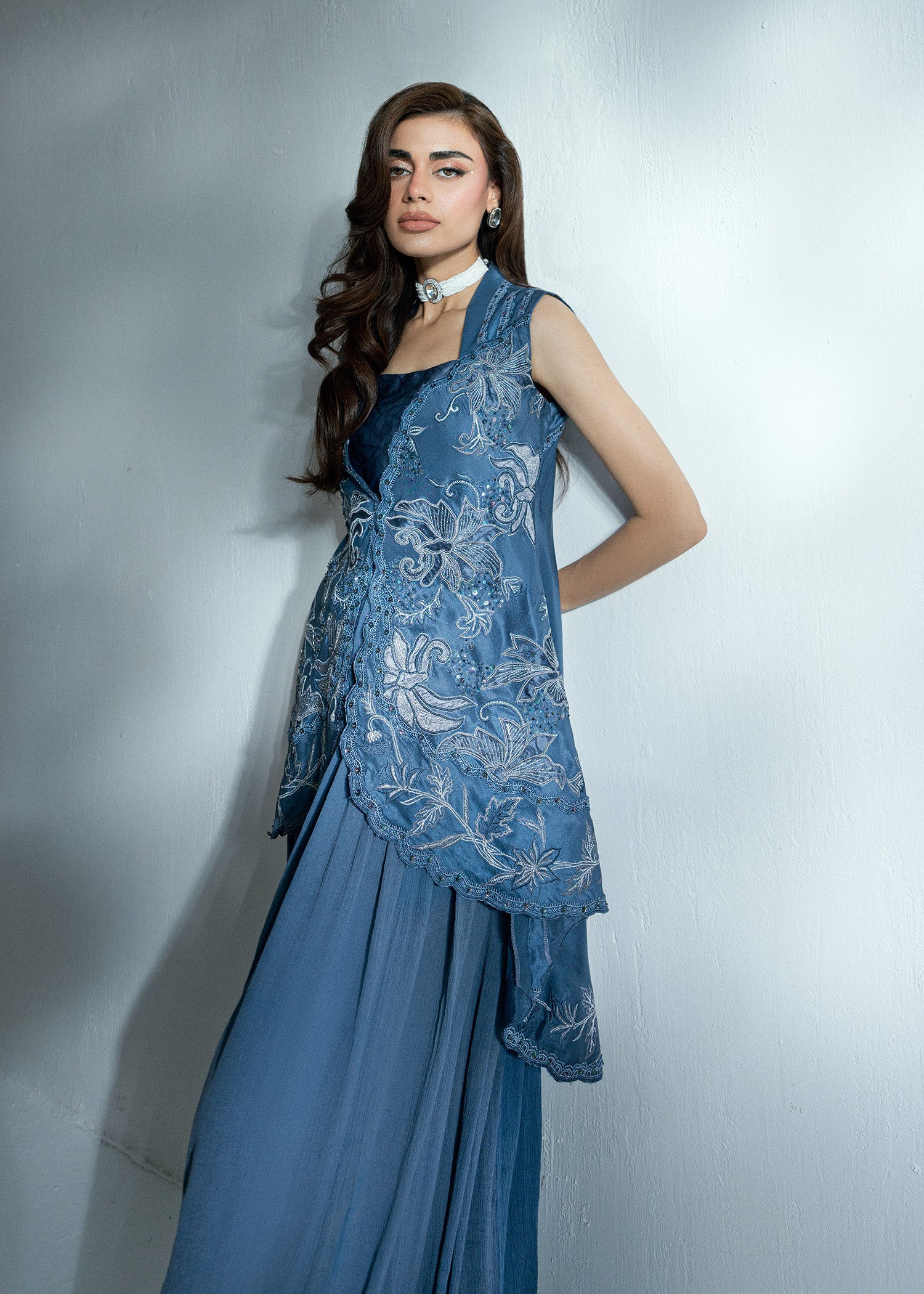 Pakistani Grey Blue Embroidered Raw Silk Jacket Set (3-Piece) - Image 8
