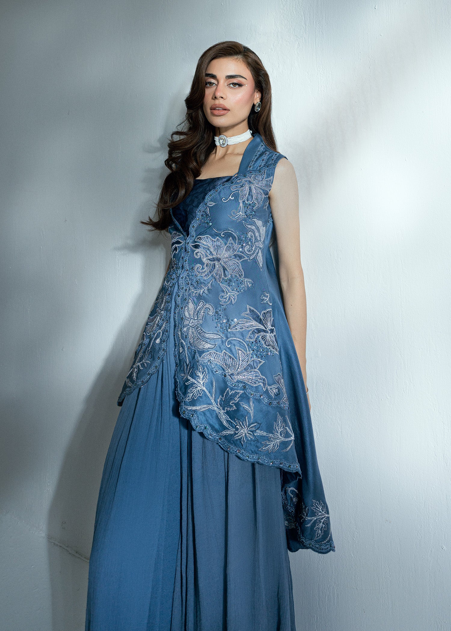 Pakistani Grey Blue Embroidered Raw Silk Jacket Set (3-Piece) - Image 9