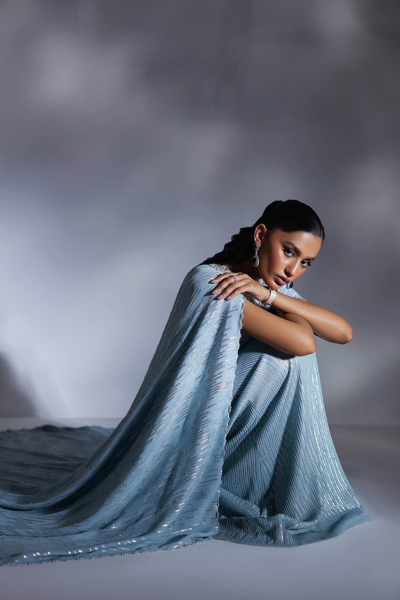 Pakistani Zenith Blue Sequin Chiffon Kaftan (1-Pc) - Image 5