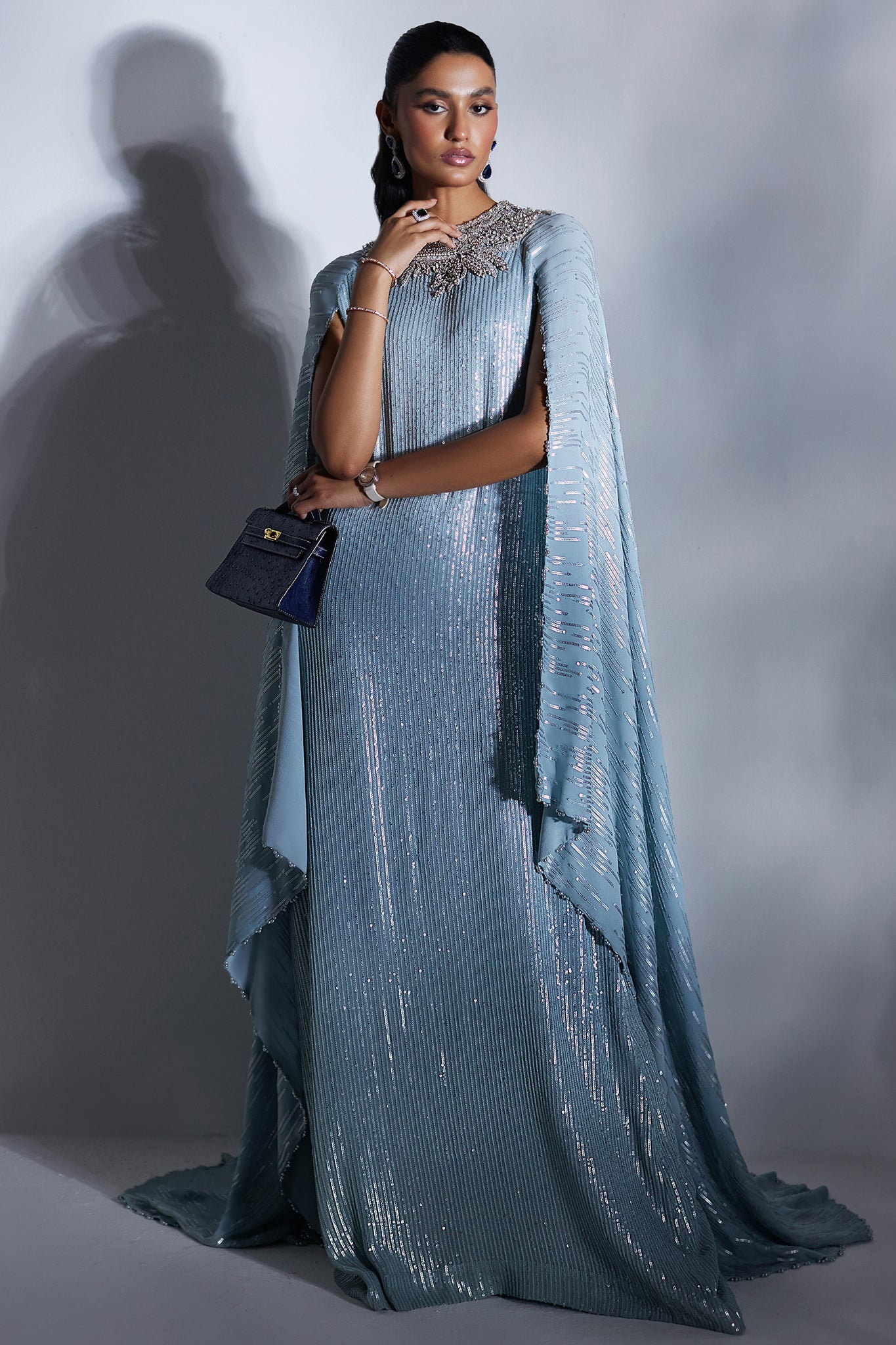 Pakistani Zenith Blue Sequinned Chiffon Kaftan (1-Pc) - Image 2