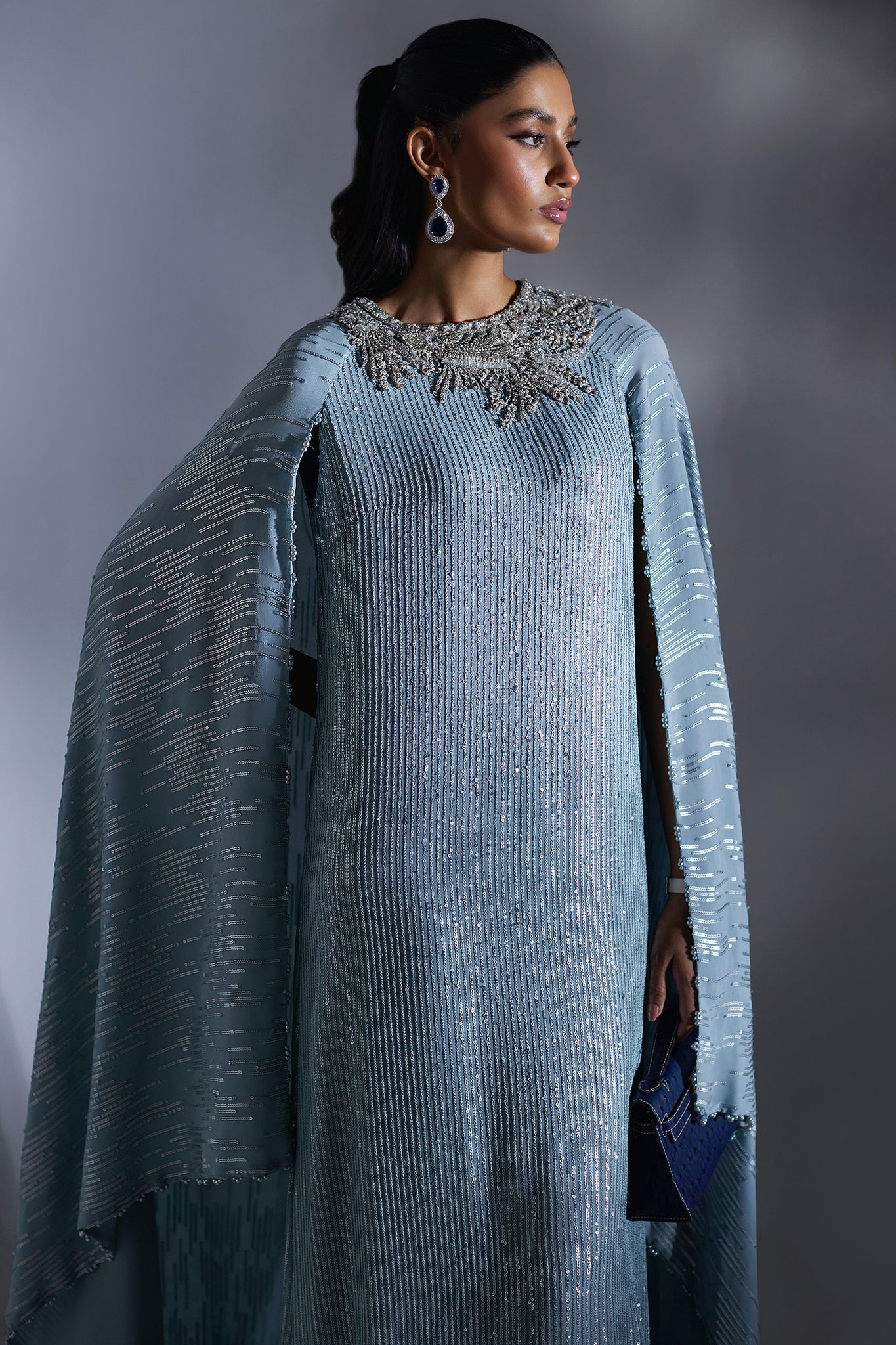 Pakistani Zenith Blue Sequinned Chiffon Kaftan (1-Pc) - Image 3