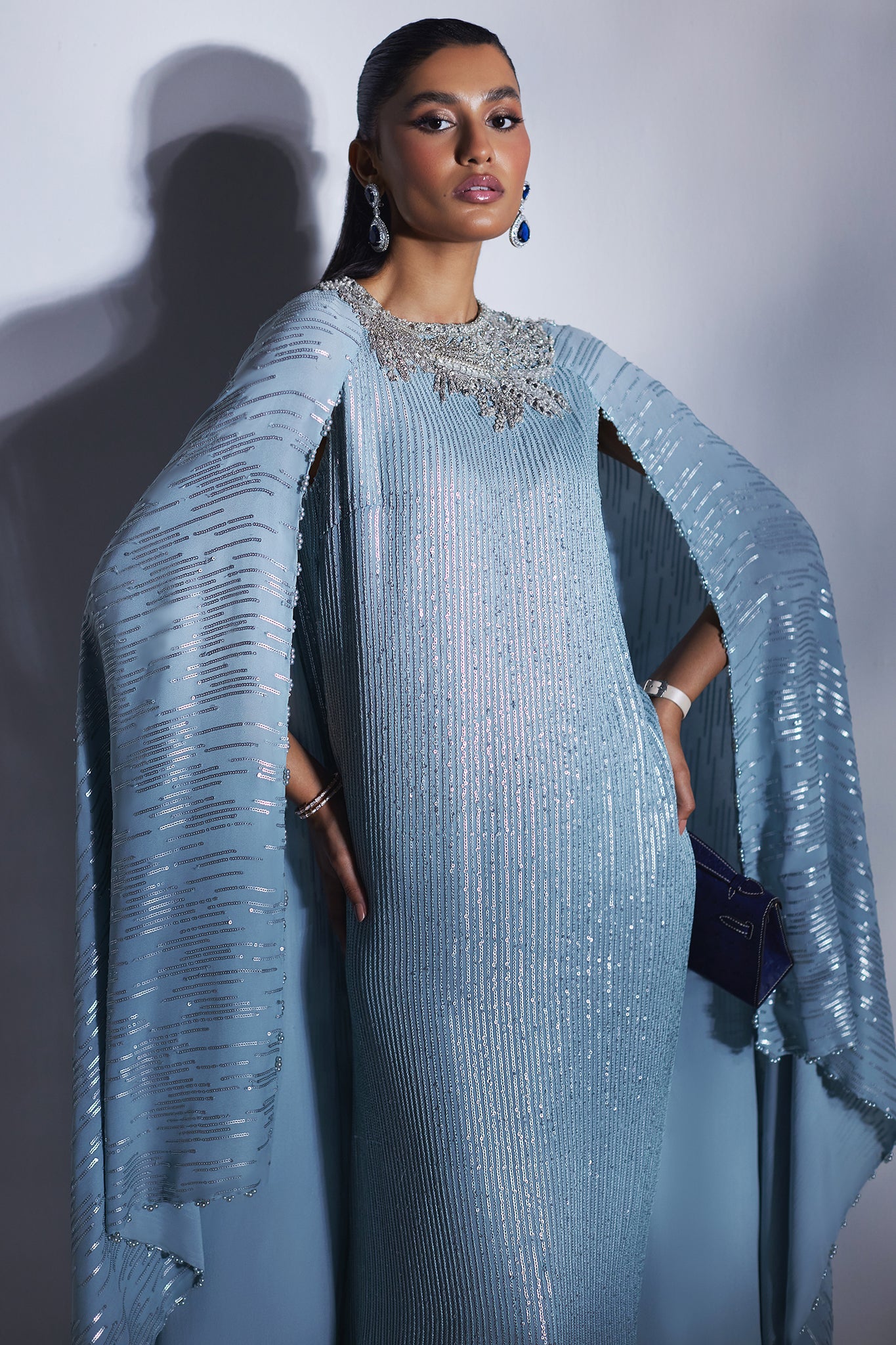 Pakistani Zenith Blue Sequinned Chiffon Kaftan (1-Pc) - Image 4