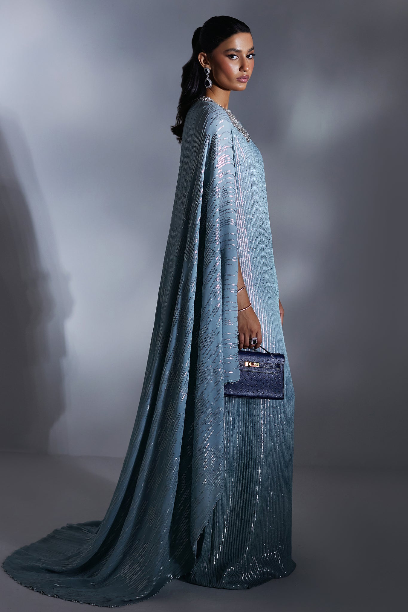 Pakistani Zenith Blue Sequinned Chiffon Kaftan (1-Pc) - Image 6