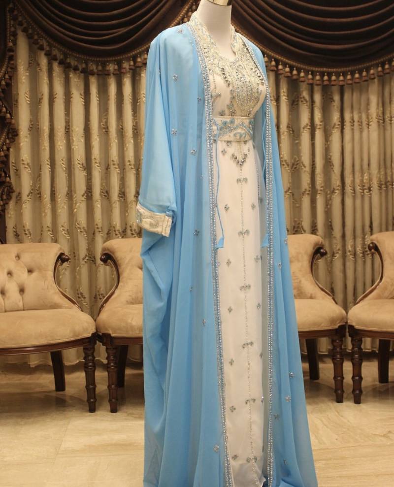 Sky Blue Hand Embroidered Georgette Kaftan (4-Piece) - Image 1