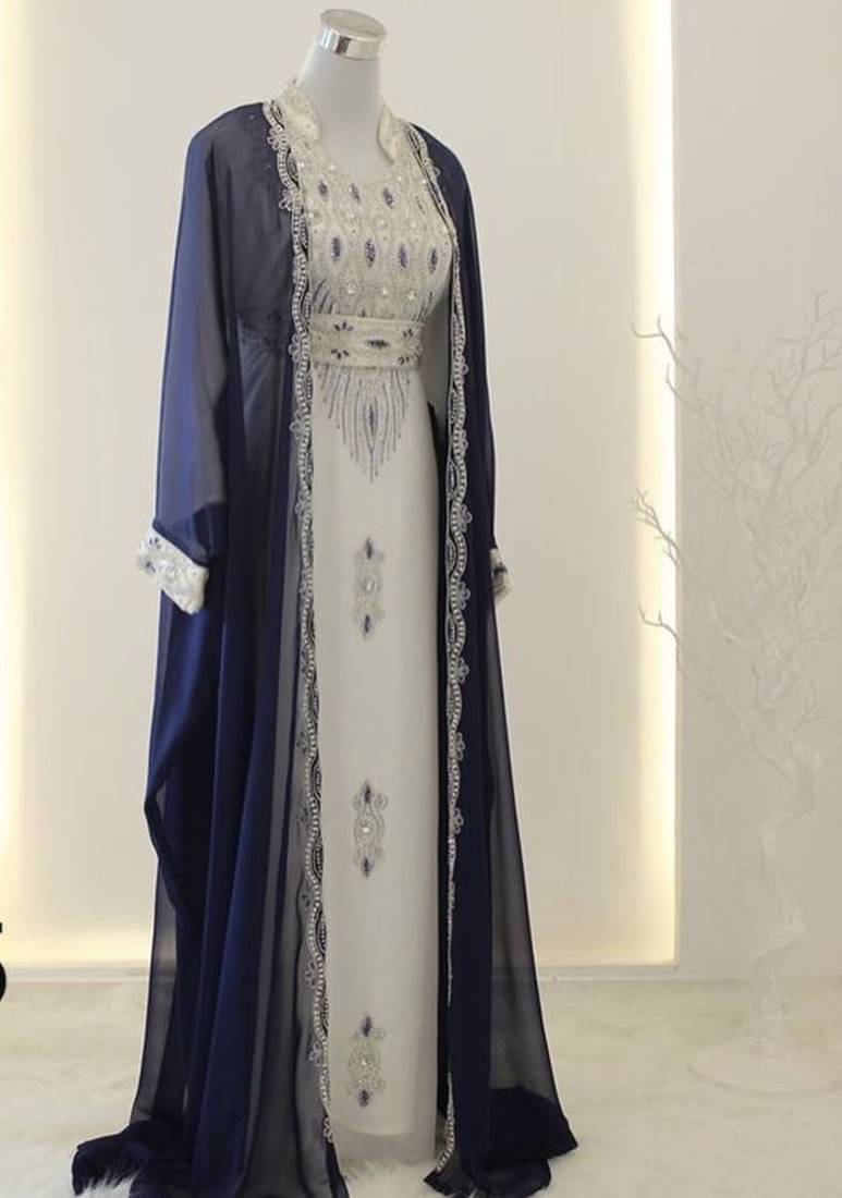 Pakistani Blue Zari Embroidered Georgette Kaftan (1-Pc) - Image 1