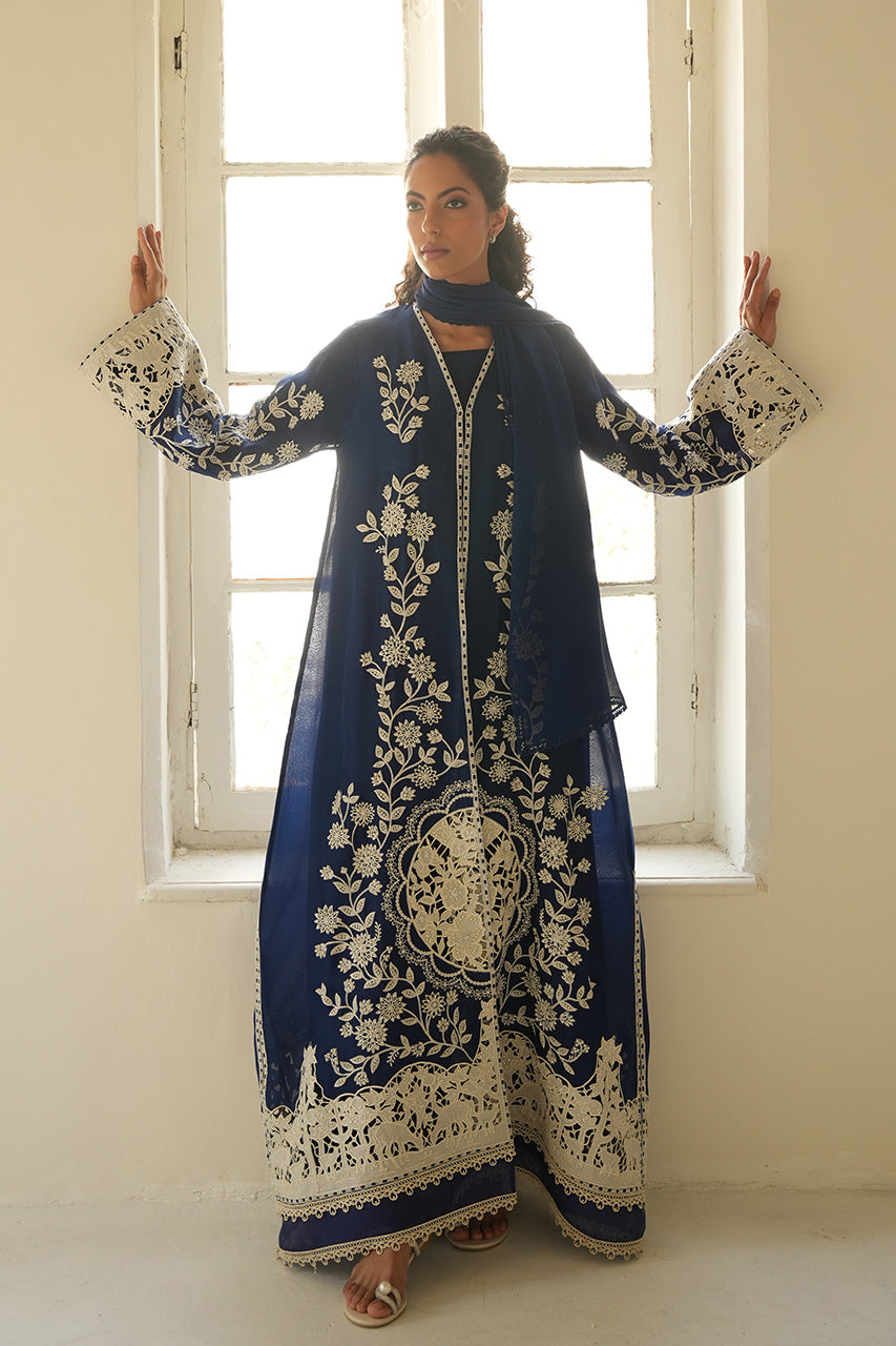Pakistani Midnight Blue Embroidered Organza Abaya (2-Piece) - Image 1