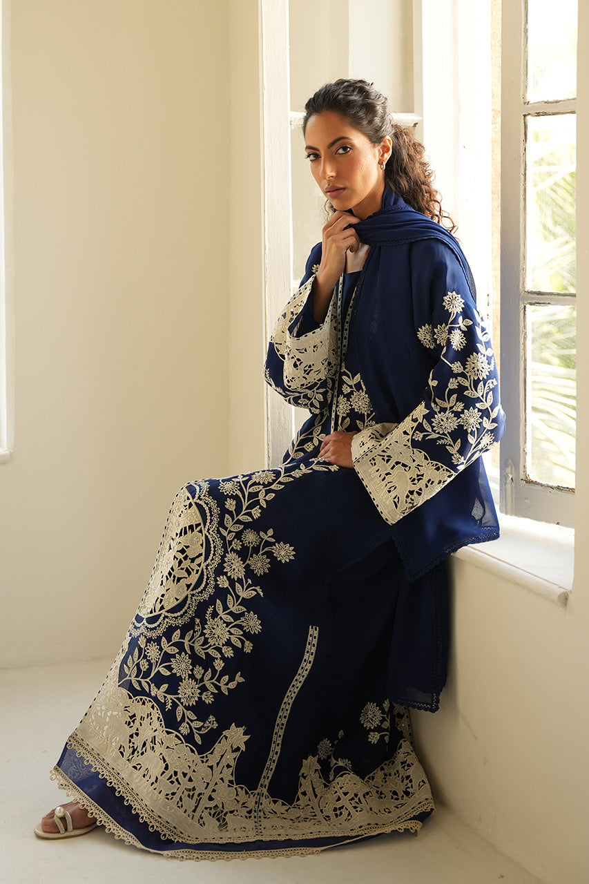 Pakistani Midnight Blue Embroidered Organza Abaya (2-Piece) - Image 4