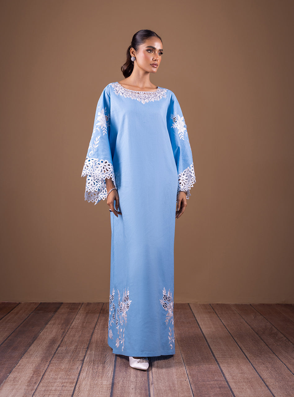 Pakistani Ice Blue Cutwork Hand Embroidered Raw Silk Kaftan (1-Pc) - Image 1