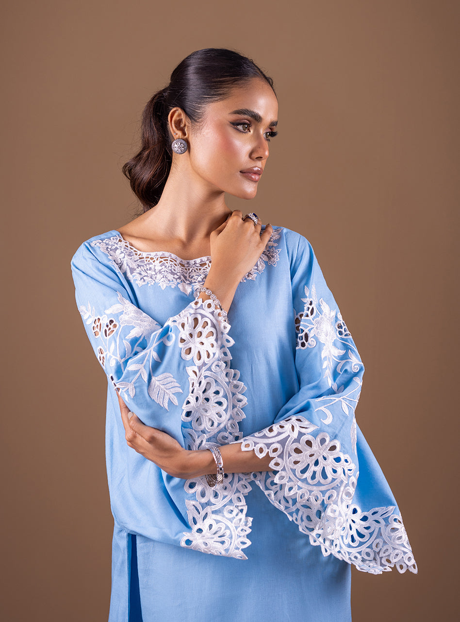 Ice Blue Cutwork Embroidered Raw Silk Kaftan (1-Pc) - Image 2