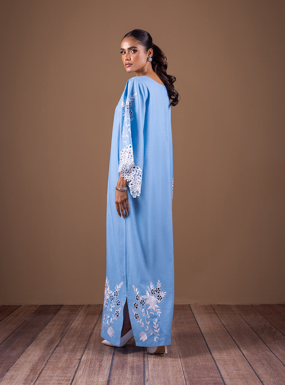 Ice Blue Cutwork Embroidered Raw Silk Kaftan (1-Pc) - Image 3