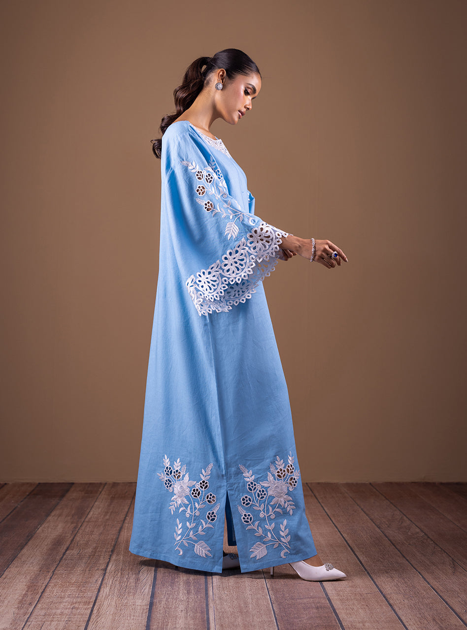 Ice Blue Cutwork Embroidered Raw Silk Kaftan (1-Pc) - Image 4