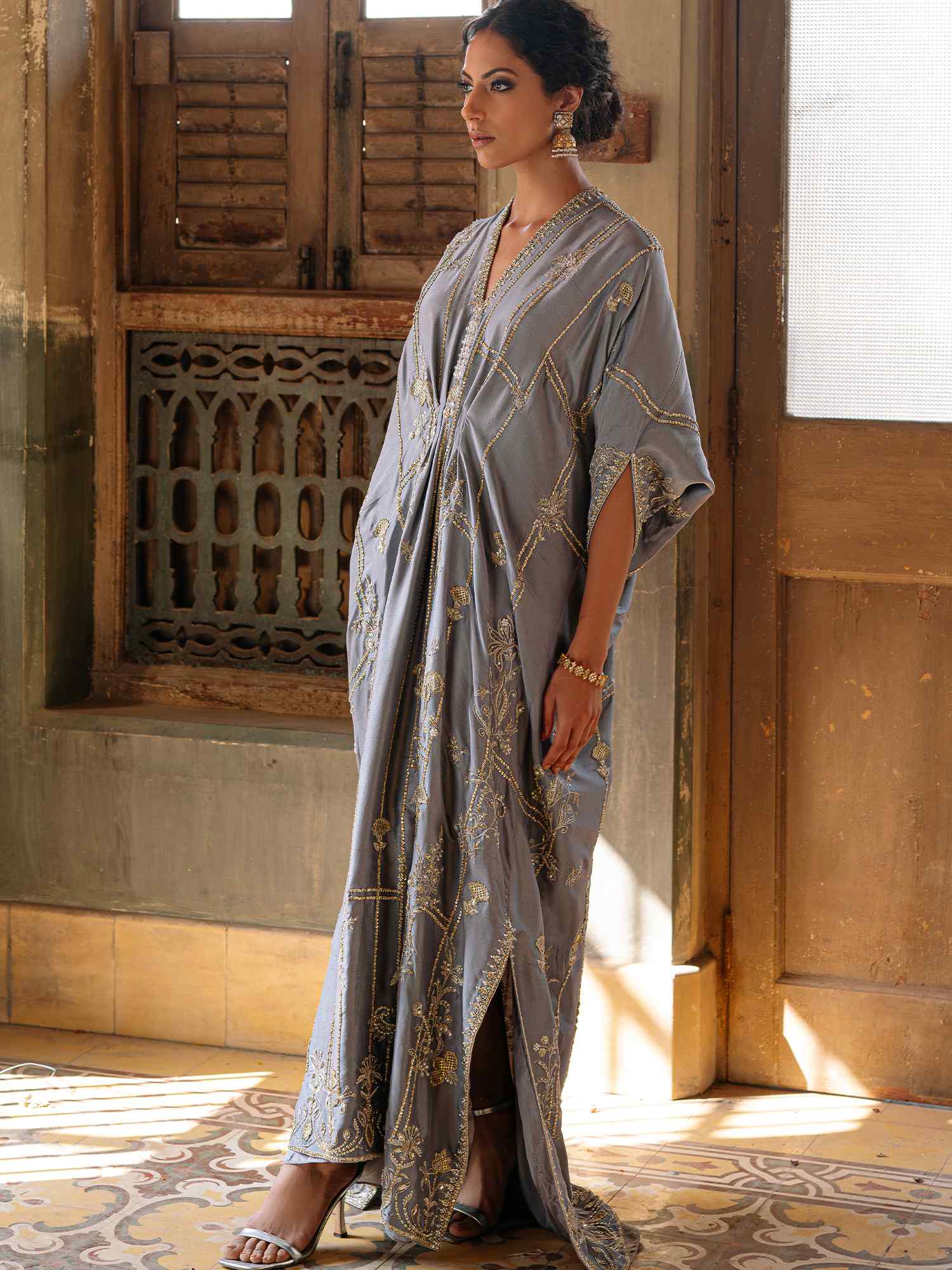 Pakistani Light Steel Blue Embellished Raw Silk Kaftan (1-Pc) - Image 2