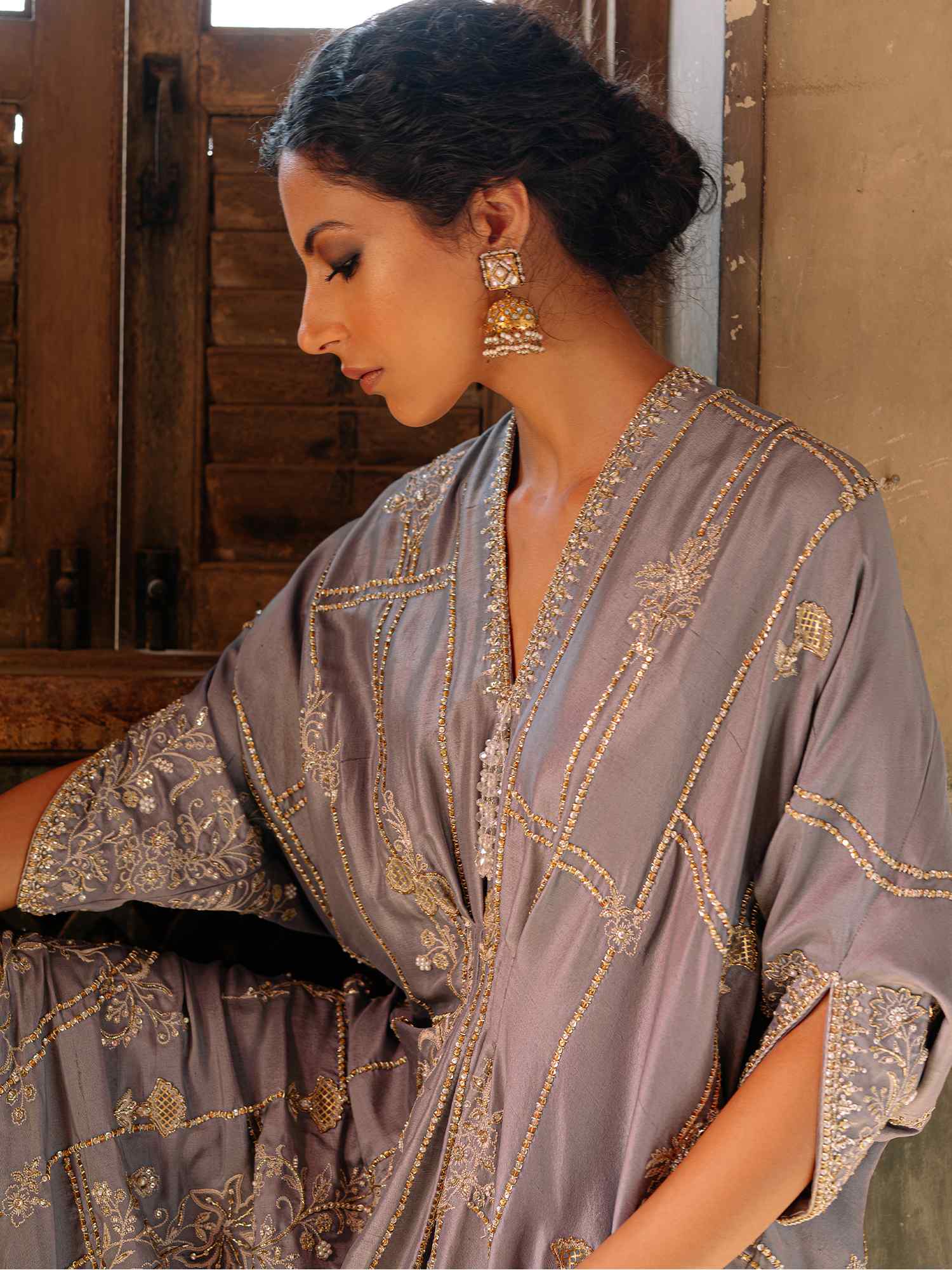 Pakistani Light Steel Blue Embellished Raw Silk Kaftan (1-Pc) - Image 4