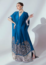 Deep Aqua Blue Hand-Embellished Raw Silk Kaftan (1-Pc) - Image 2
