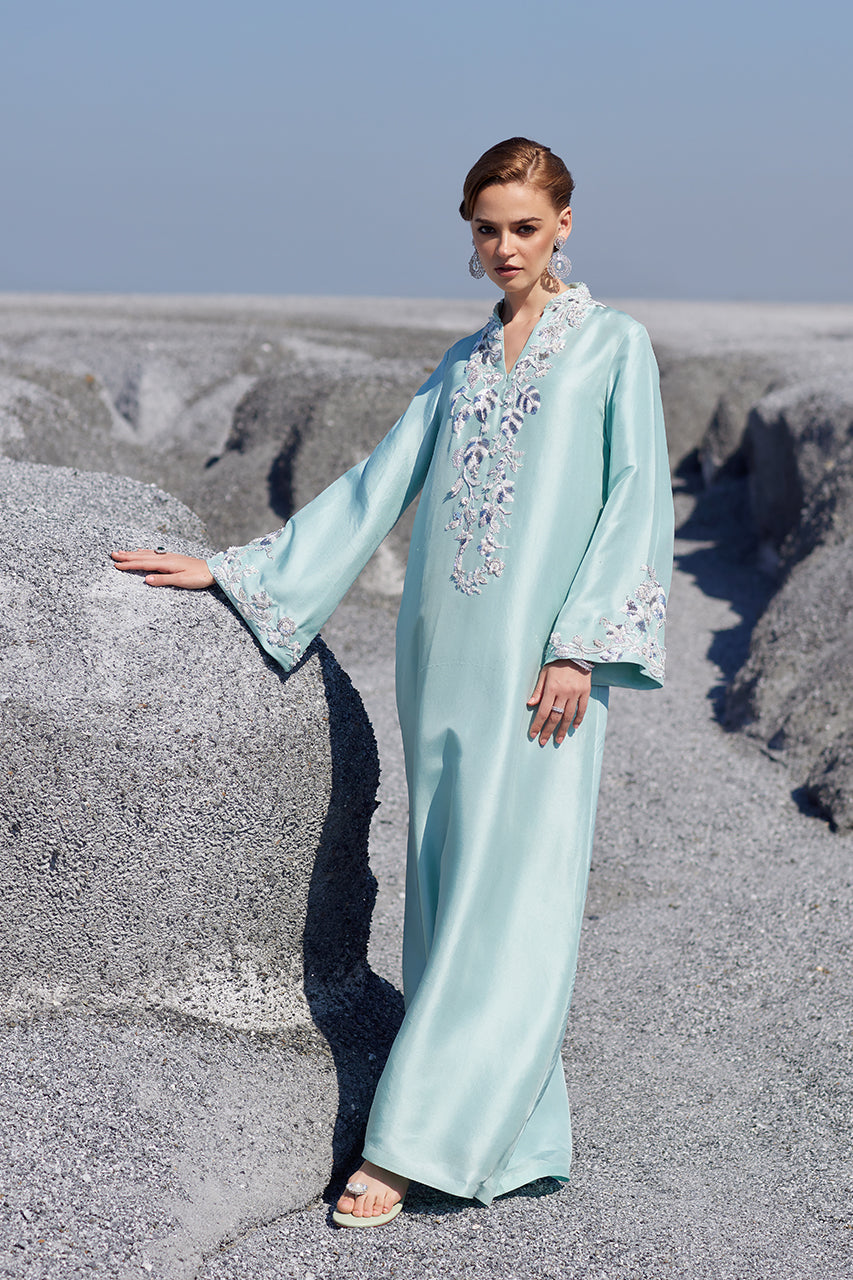 Pakistani Aqua Hand-Embellished Raw Silk Kaftan (2-Piece) - Image 1