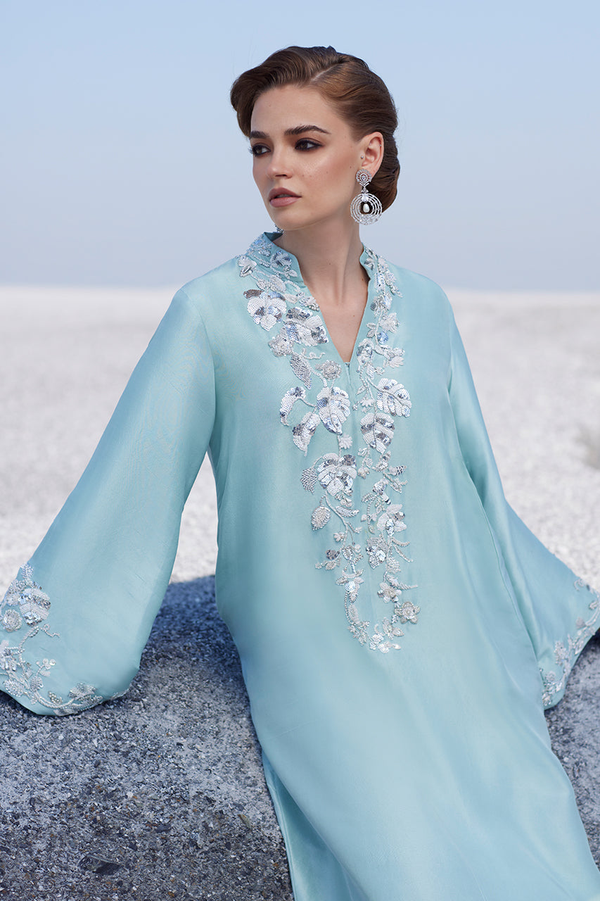 Pakistani Aqua Hand-Embellished Raw Silk Kaftan (2-Piece) - Image 2