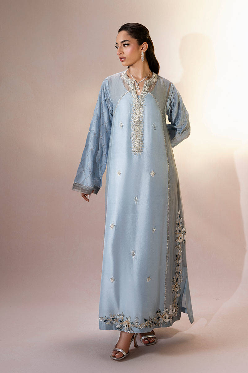 Ice Blue Tila Embroidered Raw Silk Kaftan (2-Piece) - Image 1