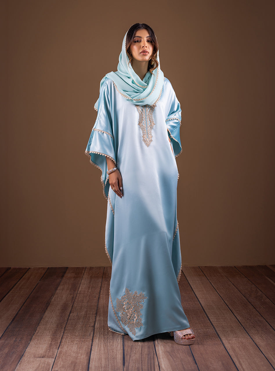 Ice Blue Embroidered Shamose Silk Kaftan (2-Piece) - Image 1