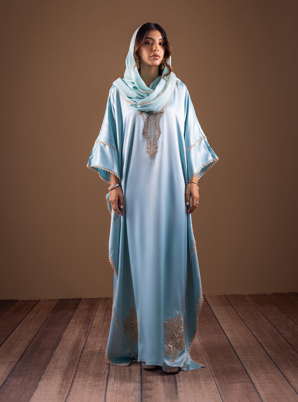 Ice Blue Embroidered Shamose Silk Kaftan (2-Piece) - Image 2