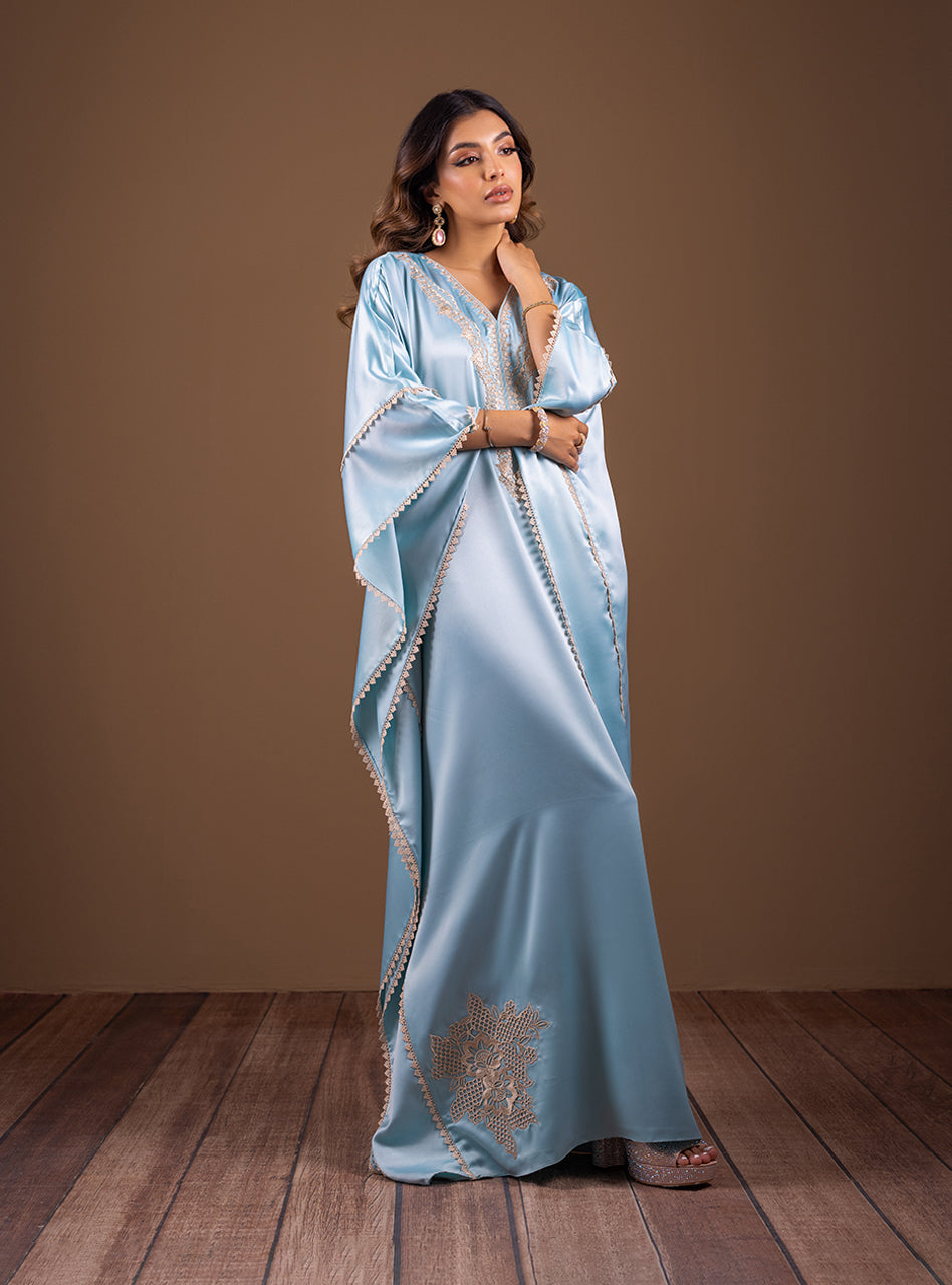 Ice Blue Embroidered Shamose Silk Kaftan (2-Piece) - Image 3