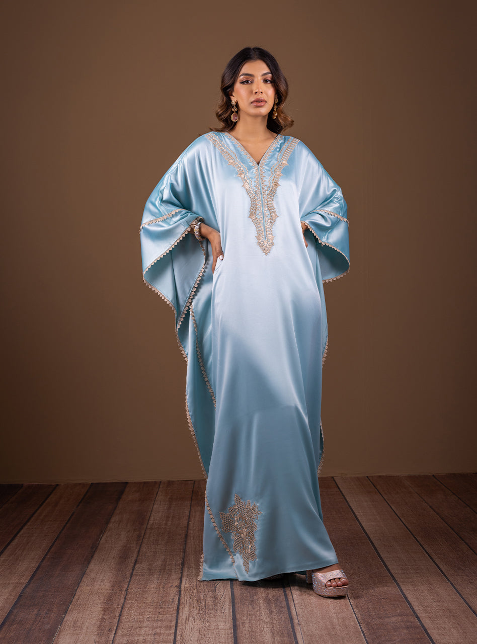 Ice Blue Embroidered Shamose Silk Kaftan (2-Piece) - Image 6