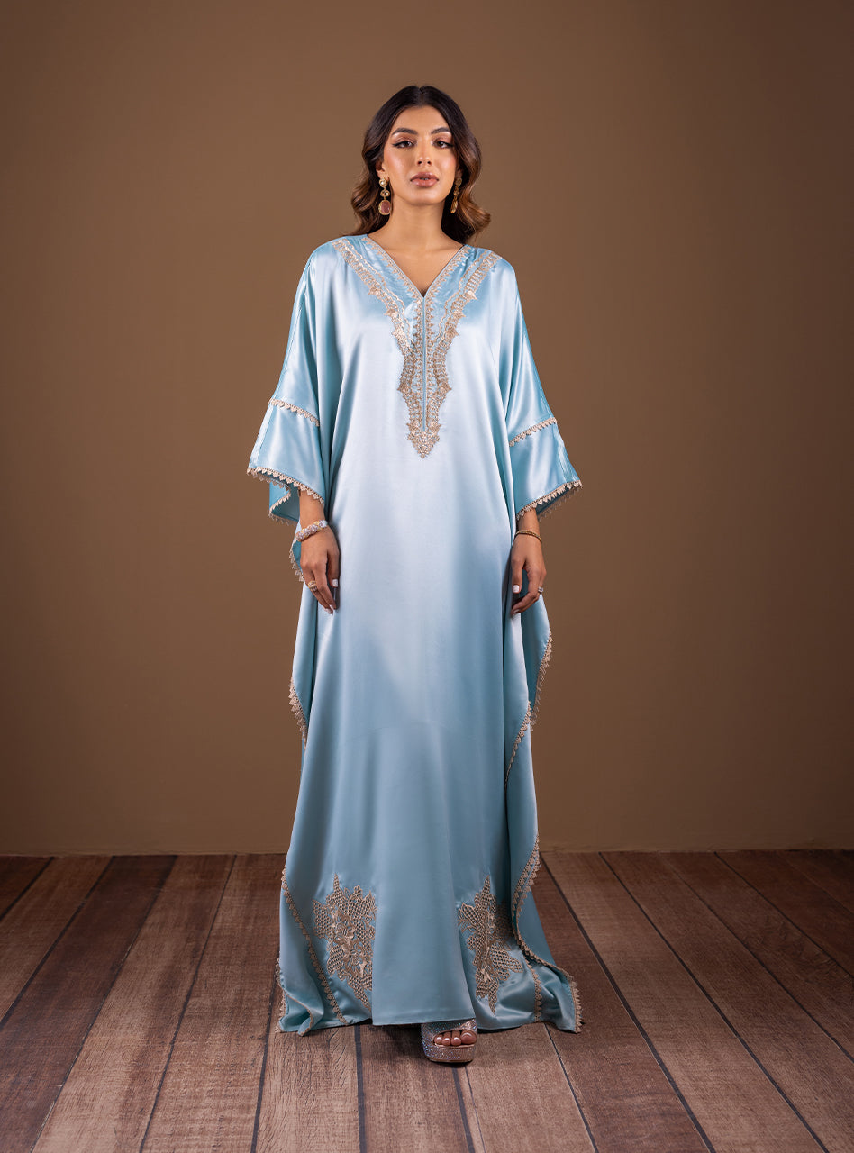 Ice Blue Embroidered Shamose Silk Kaftan (2-Piece) - Image 7