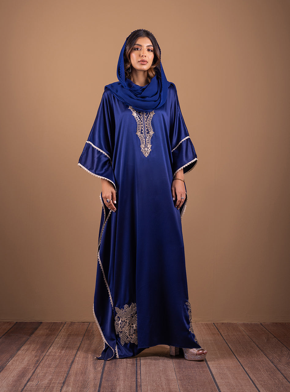Royal Blue Hand Embroidered Shamose Silk Kaftan (2-Piece) - Image 1