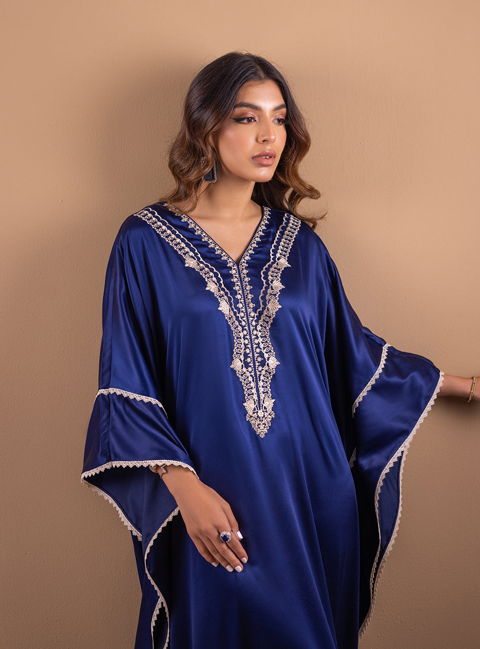 Royal Blue Hand Embroidered Shamose Silk Kaftan (2-Piece) - Image 2