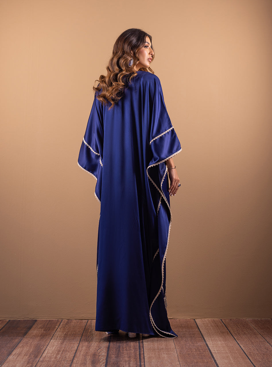 Royal Blue Hand Embroidered Shamose Silk Kaftan (2-Piece) - Image 3
