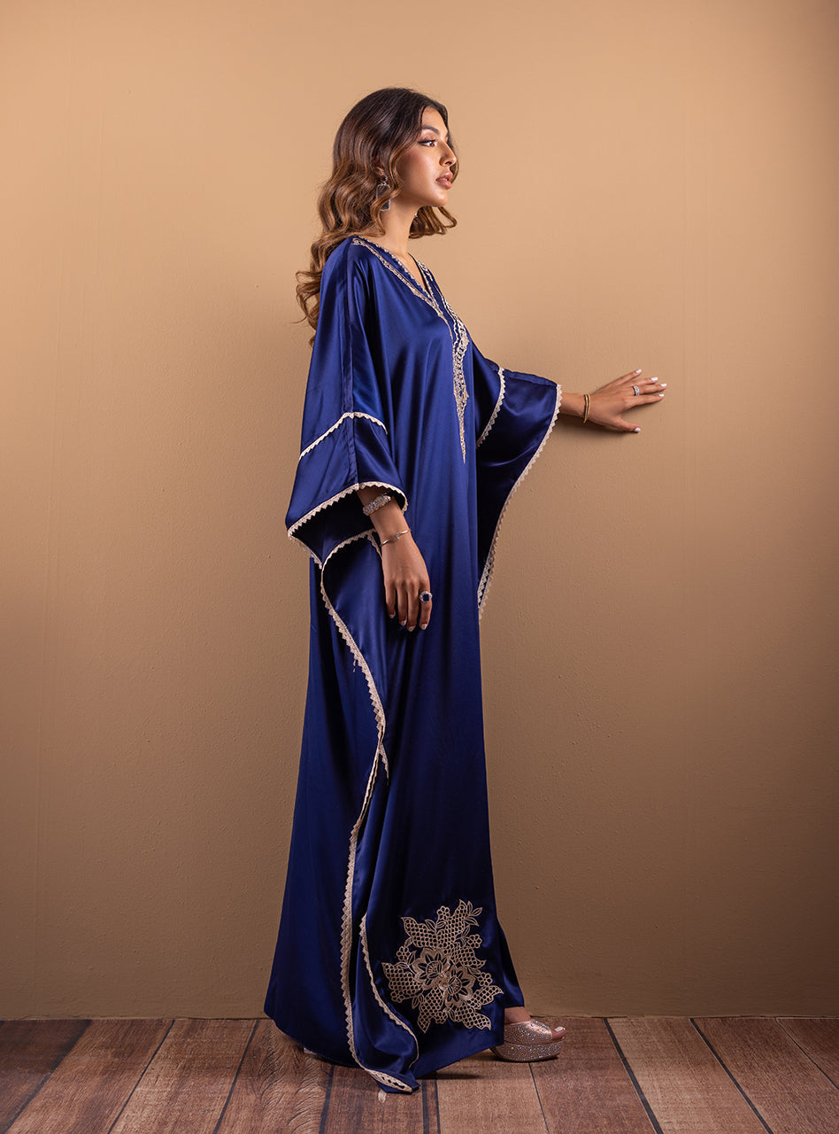 Royal Blue Hand Embroidered Shamose Silk Kaftan (2-Piece) - Image 4