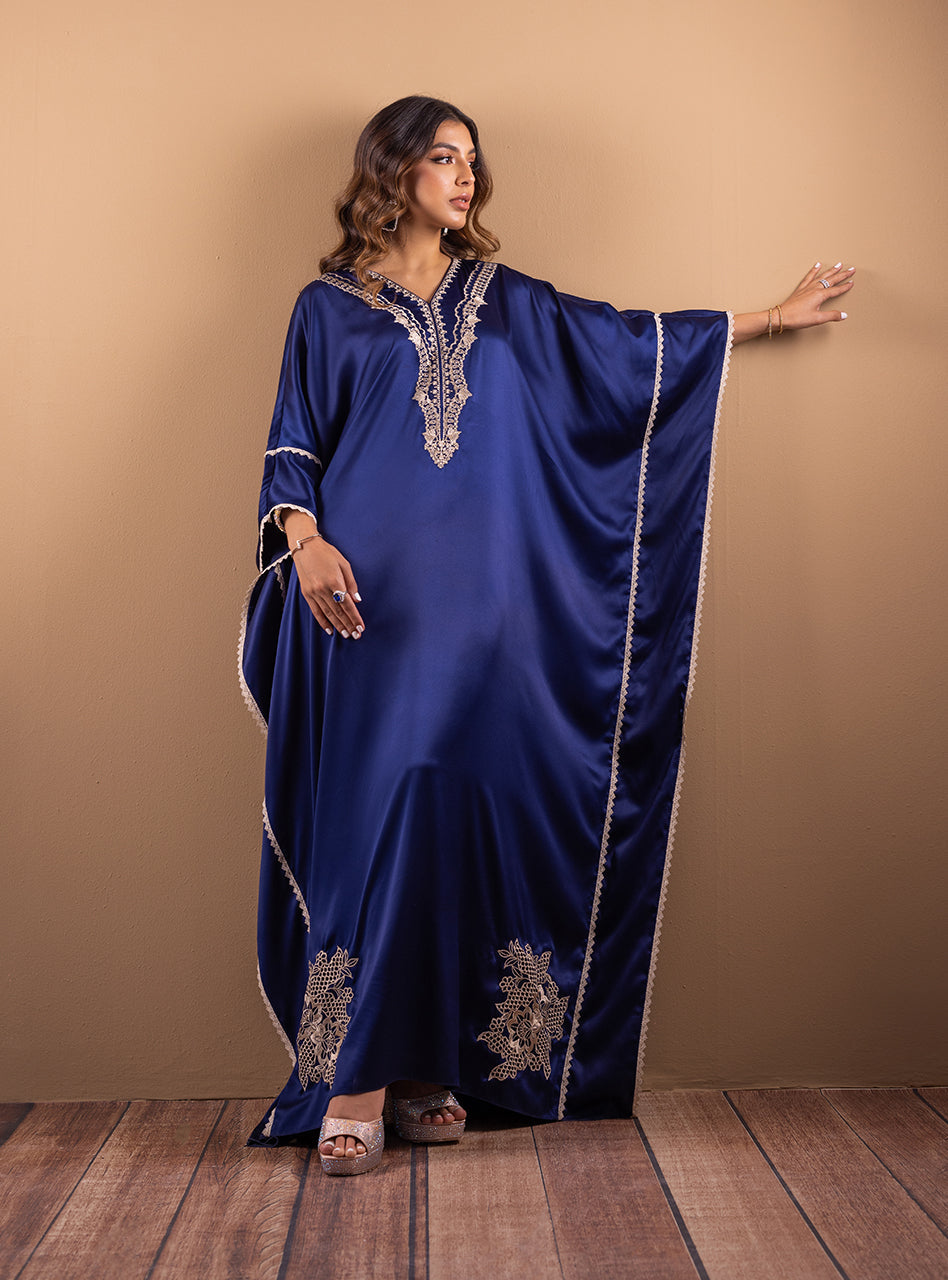 Royal Blue Hand Embroidered Shamose Silk Kaftan (2-Piece) - Image 5