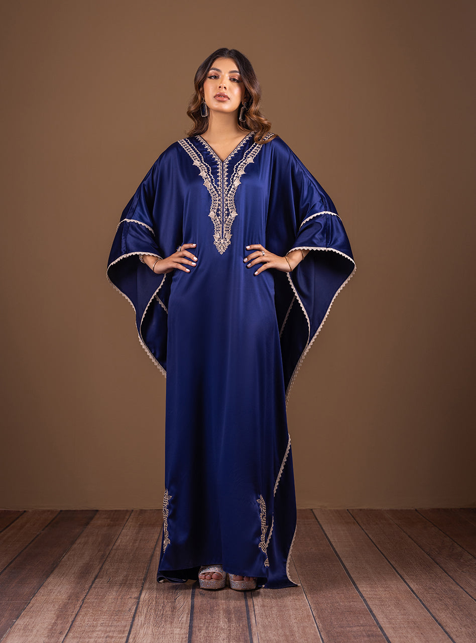 Royal Blue Hand Embroidered Shamose Silk Kaftan (2-Piece) - Image 6