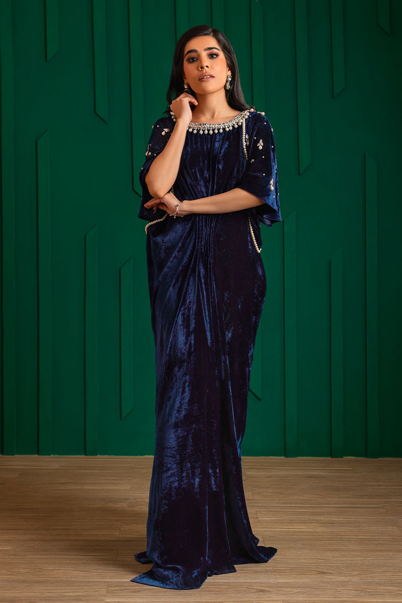 Midnight Blue Pearl & Stone Velvet Kaftan (1-Pc) - Image 1