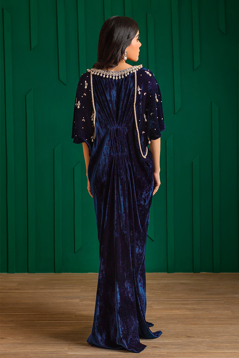Midnight Blue Pearl & Stone Velvet Kaftan (1-Pc) - Image 2