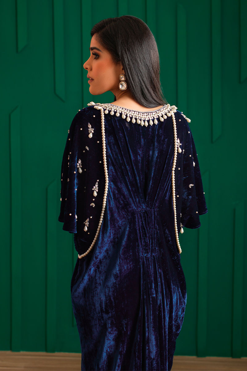 Midnight Blue Pearl & Stone Velvet Kaftan (1-Pc) - Image 3