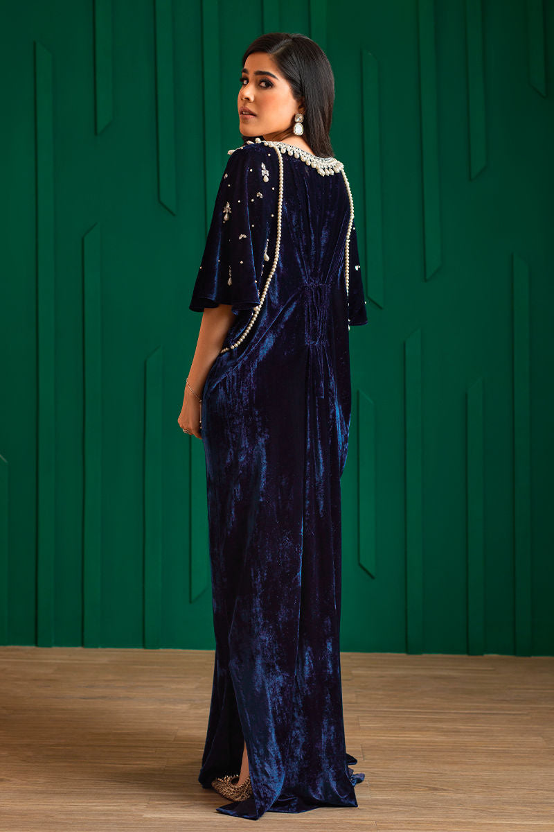 Midnight Blue Pearl & Stone Velvet Kaftan (1-Pc) - Image 4