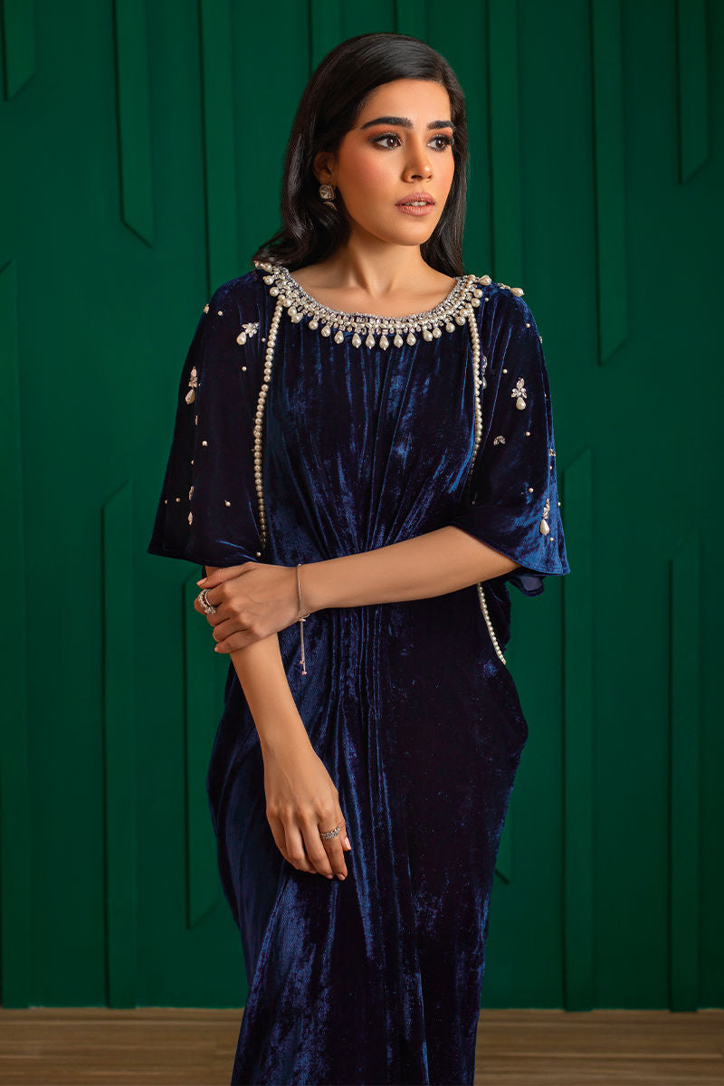 Midnight Blue Pearl & Stone Velvet Kaftan (1-Pc) - Image 5