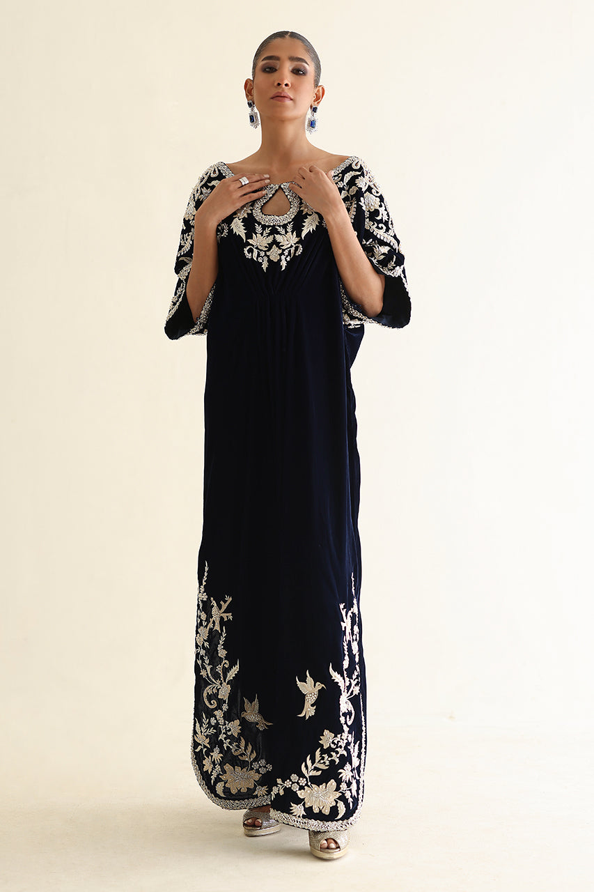Midnight Blue Zardozi Velvet Kaftan (1-Pc) - Image 1