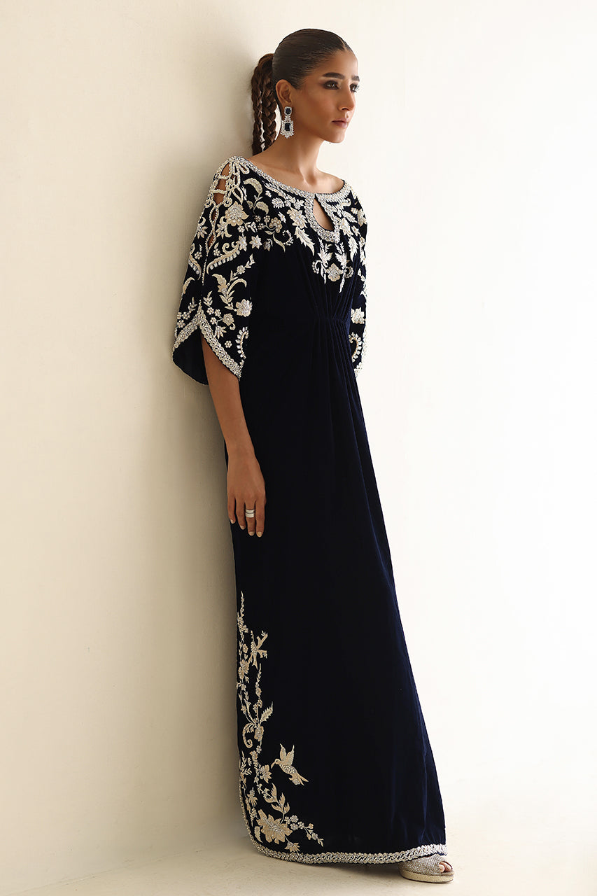 Midnight Blue Zardozi Velvet Kaftan (1-Pc) - Image 3