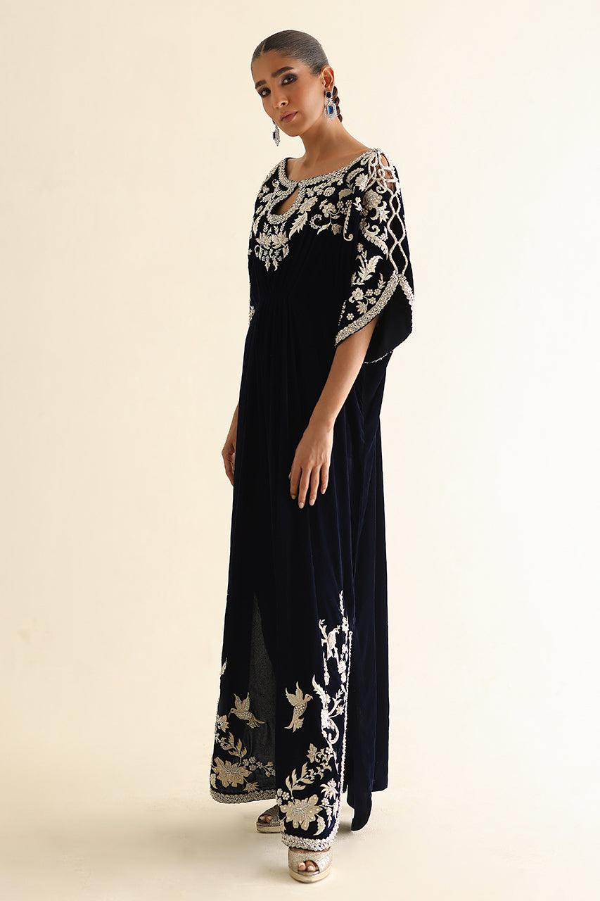 Midnight Blue Zardozi Velvet Kaftan (1-Pc) - Image 5