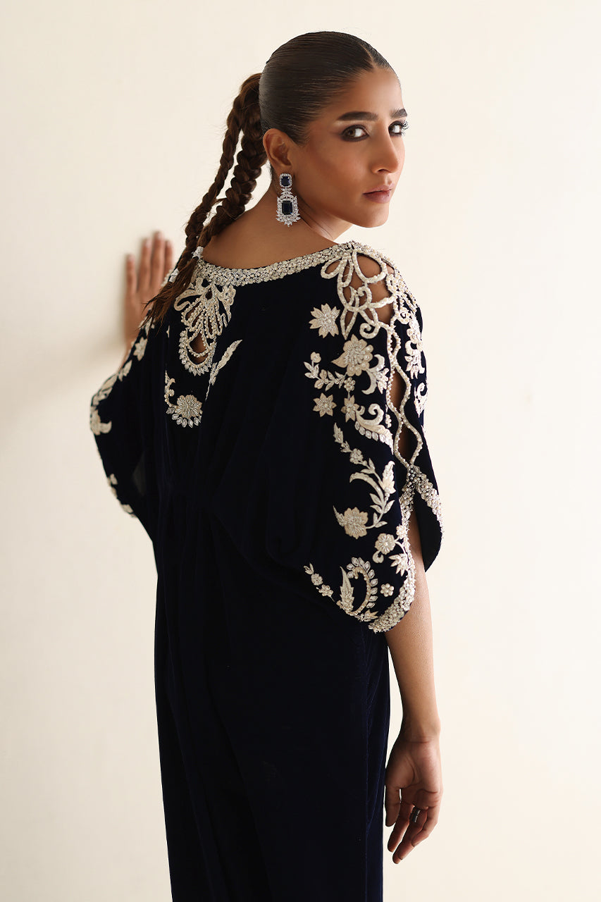 Midnight Blue Zardozi Velvet Kaftan (1-Pc) - Image 6